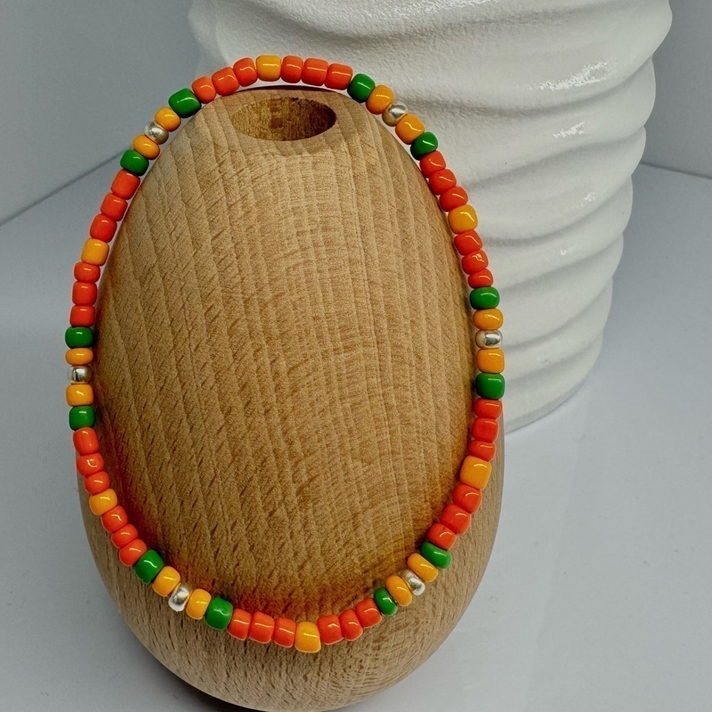 Stretch Beaded Anklet in Orange Gold Green & Silver Accents Size 9
